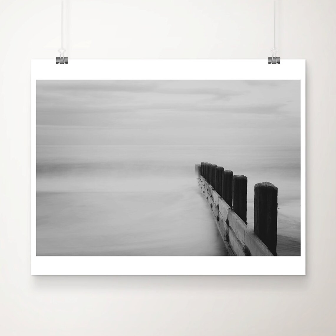 Monochrome Beach Long Exposure Wooden Groynes Sea Photo Poster