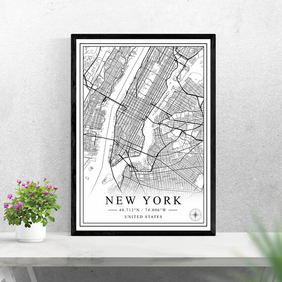 New York City Detailed Black and White City Street Map Poster