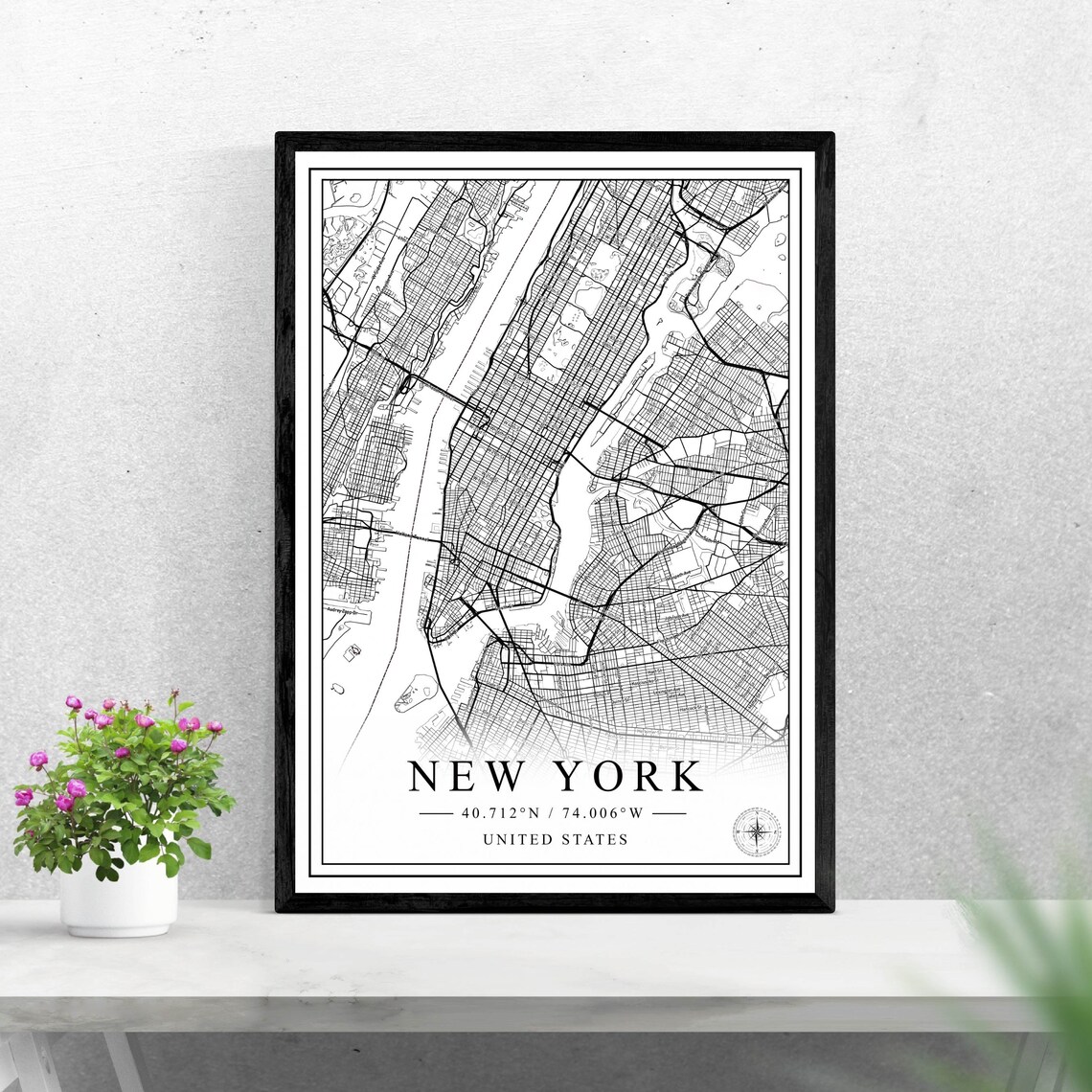New York City Detailed Black and White City Street Map Poster