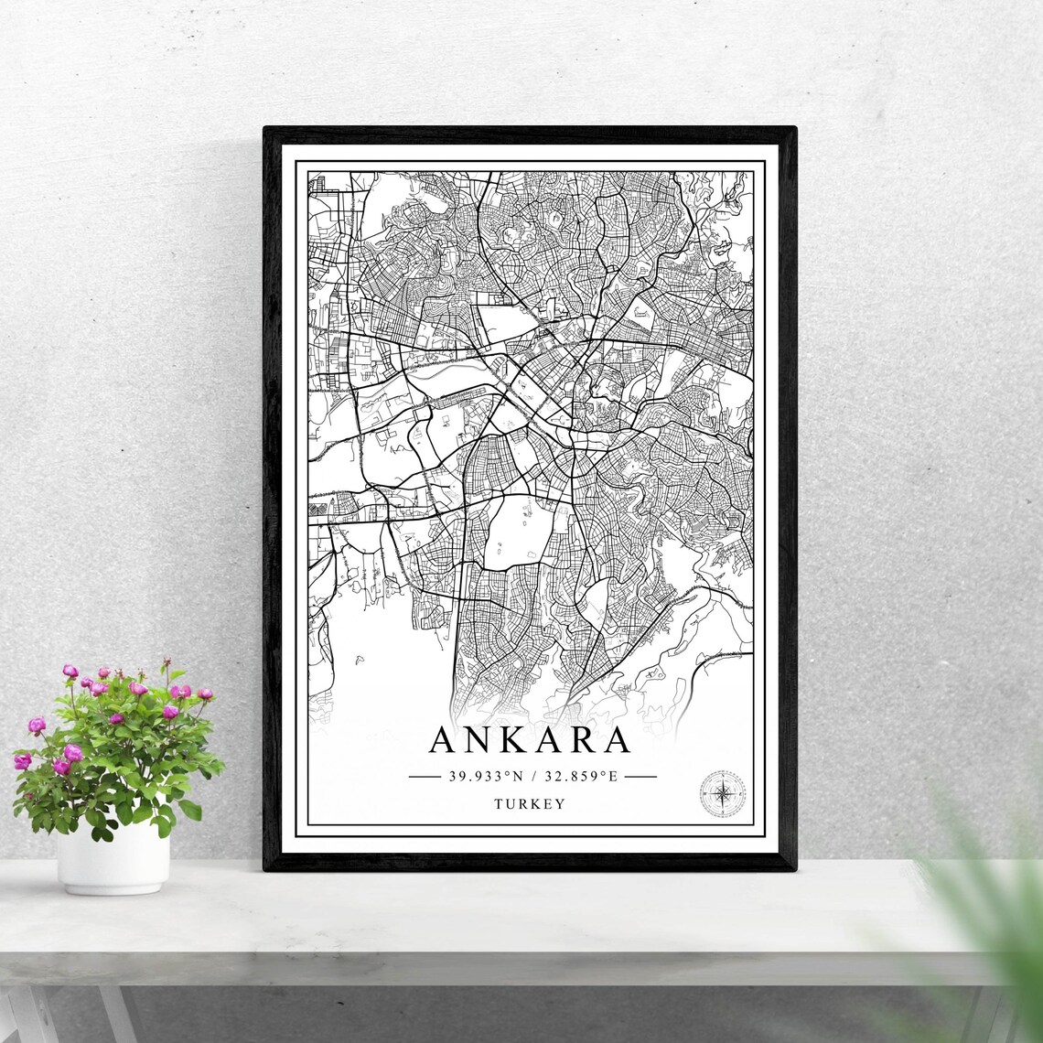 Ankara Turkey Detailed Black and White City Street Map Poster