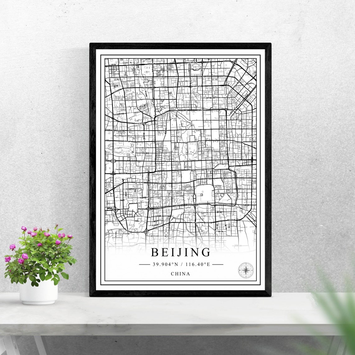 Beijing China Minimalist Black and White Street Map Wall Art