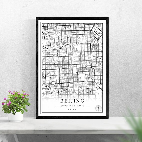 Beijing China Minimalist Black and White Street Map Wall Art