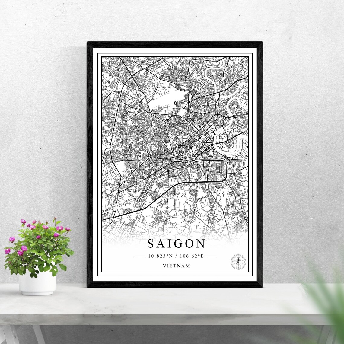 Saigon Vietnam Black And White Street Map With Coordinates City Poster