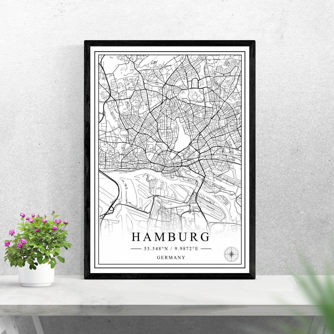 Hamburg Germany Minimalist Black And White City Map Street Art Poster
