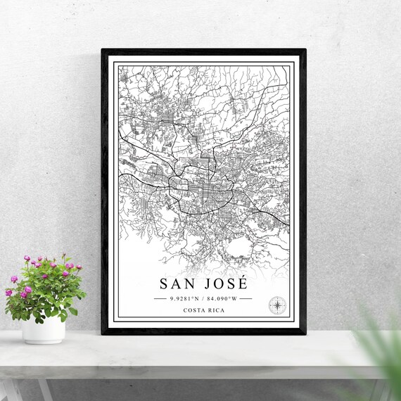 San Jose Costa Rica Black And White Minimalist Street Map Wall Art
