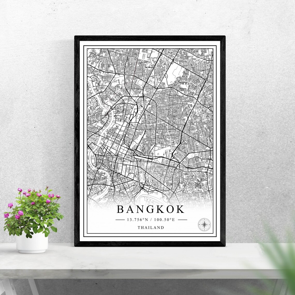 Bangkok Thailand City Map Minimalist Black And White Wall Art