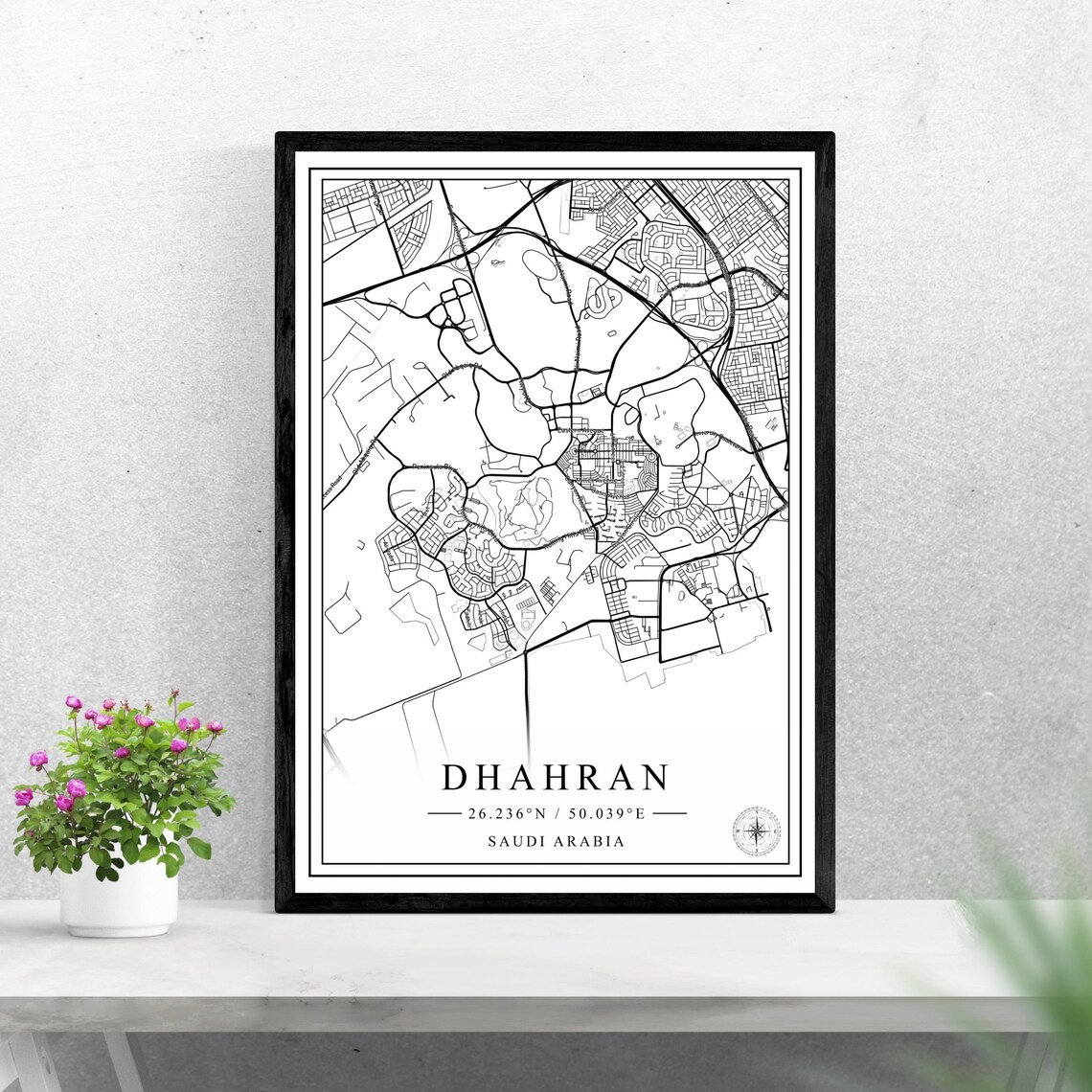 Dhahran City Map, Black And White Travel Poster