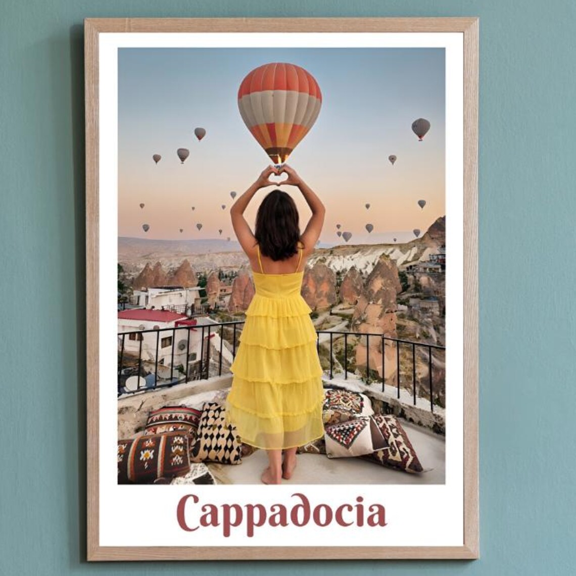 Cappadocia Hot Air Balloons Woman in Yellow Dress Photo Poster
