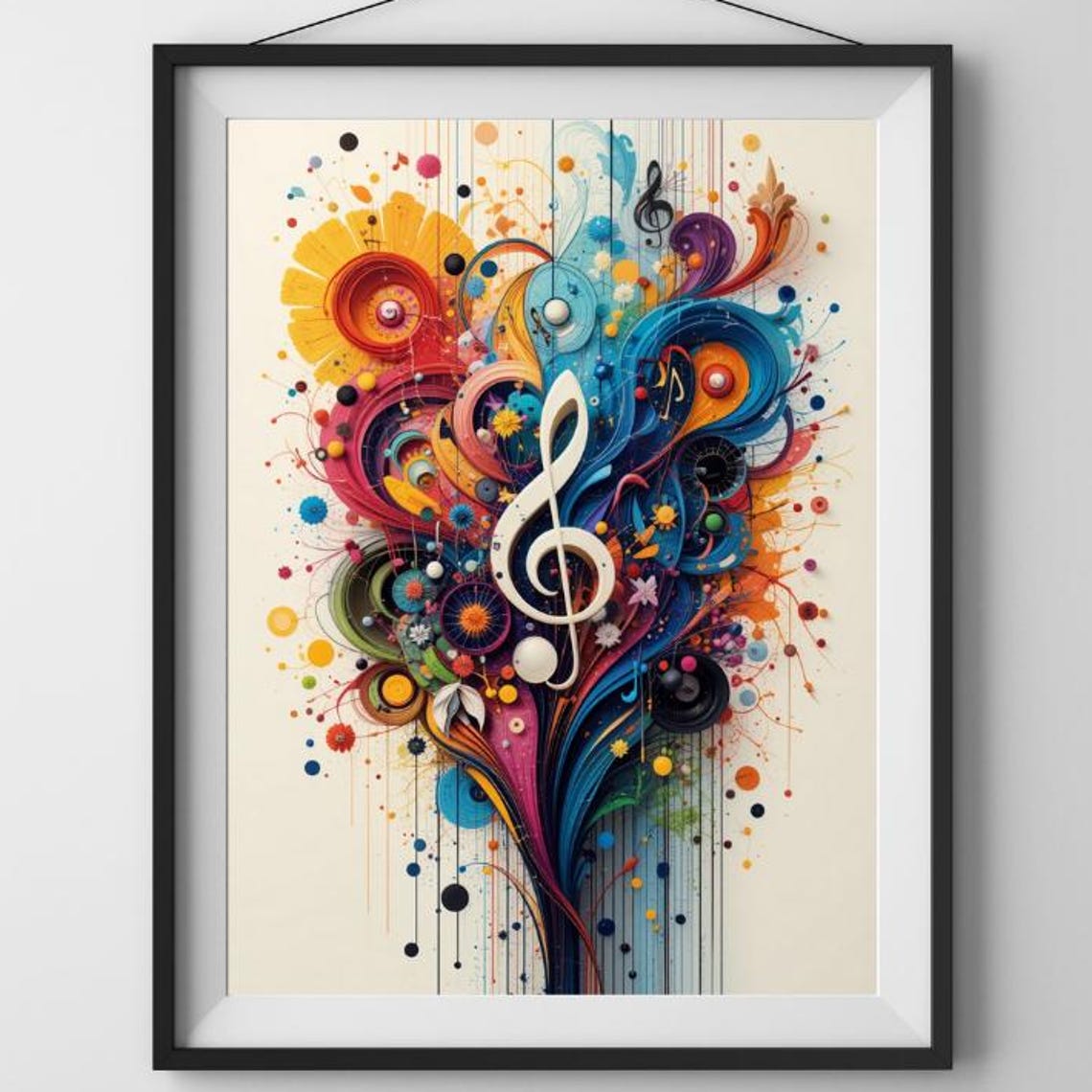 Cream Watercolour Splash Treble Clef Poster with Colourful Notes