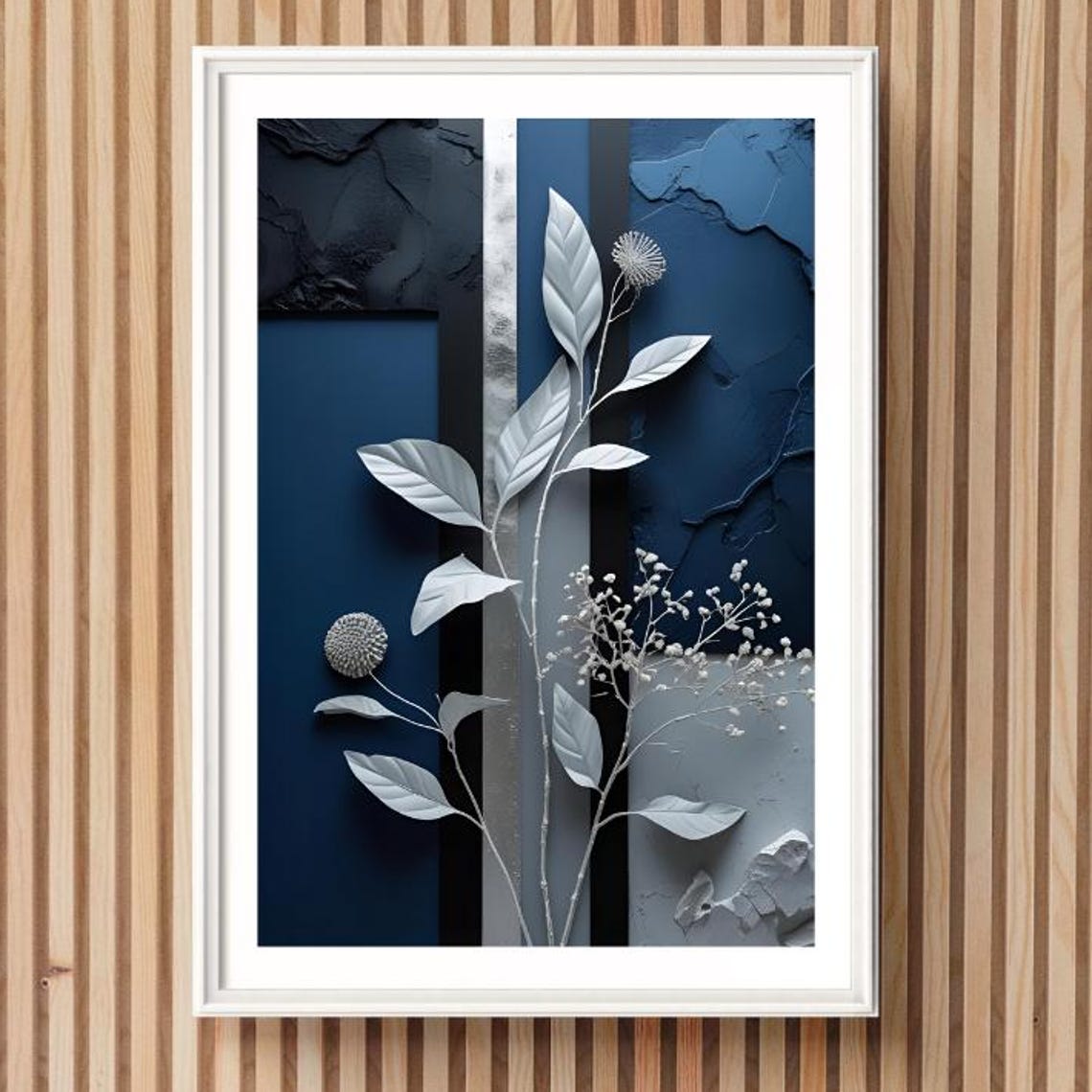 Blue Abstract Silver Leaf Navy Botanical Textured Wall Poster