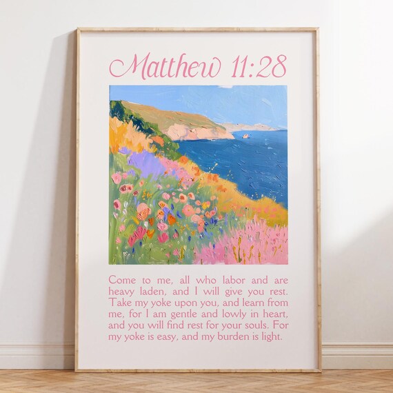 Matthew 1128 Coastal Wildflower Cliff Ocean Painting Faith Poster