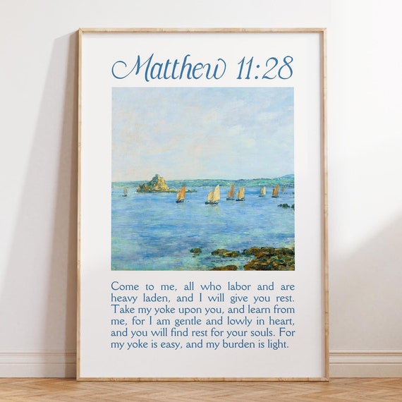 Matthew 1128 Coastal Christian Wall Art Bible Verse Wall Art Trendy Apartment Decor Coastal Granddaughter Prints Wall Art
