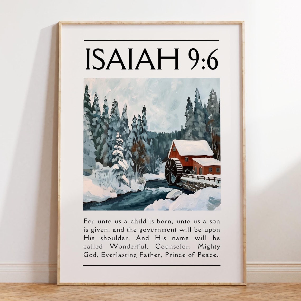 Isaiah 9:6 Winter Snowy Watermill Christmas Scripture Poster