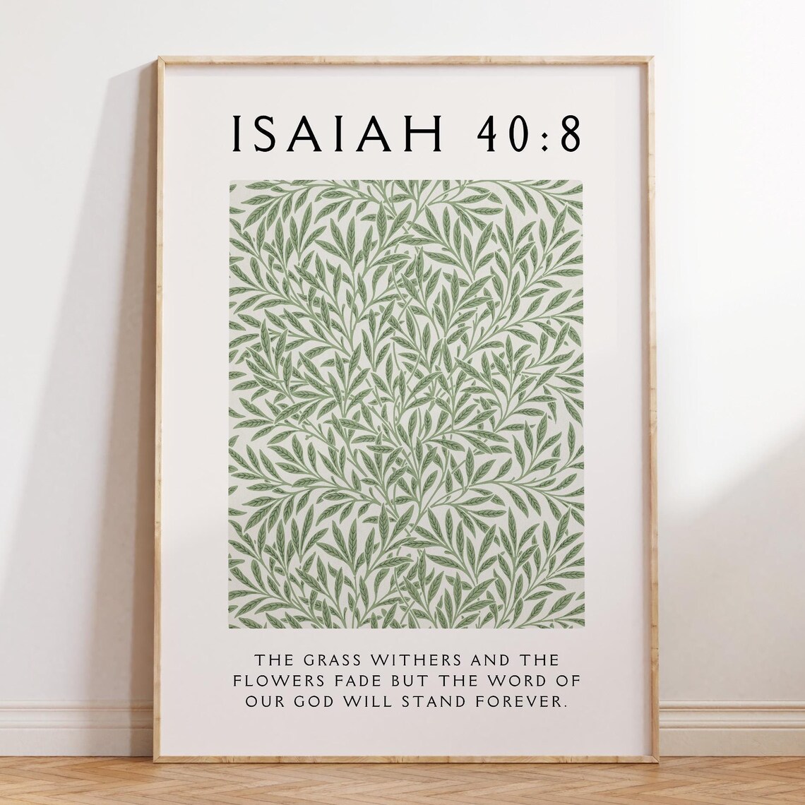 Isaiah 40 8 Sage Green Willow Botanical Pattern Bible Verse Decor Poster