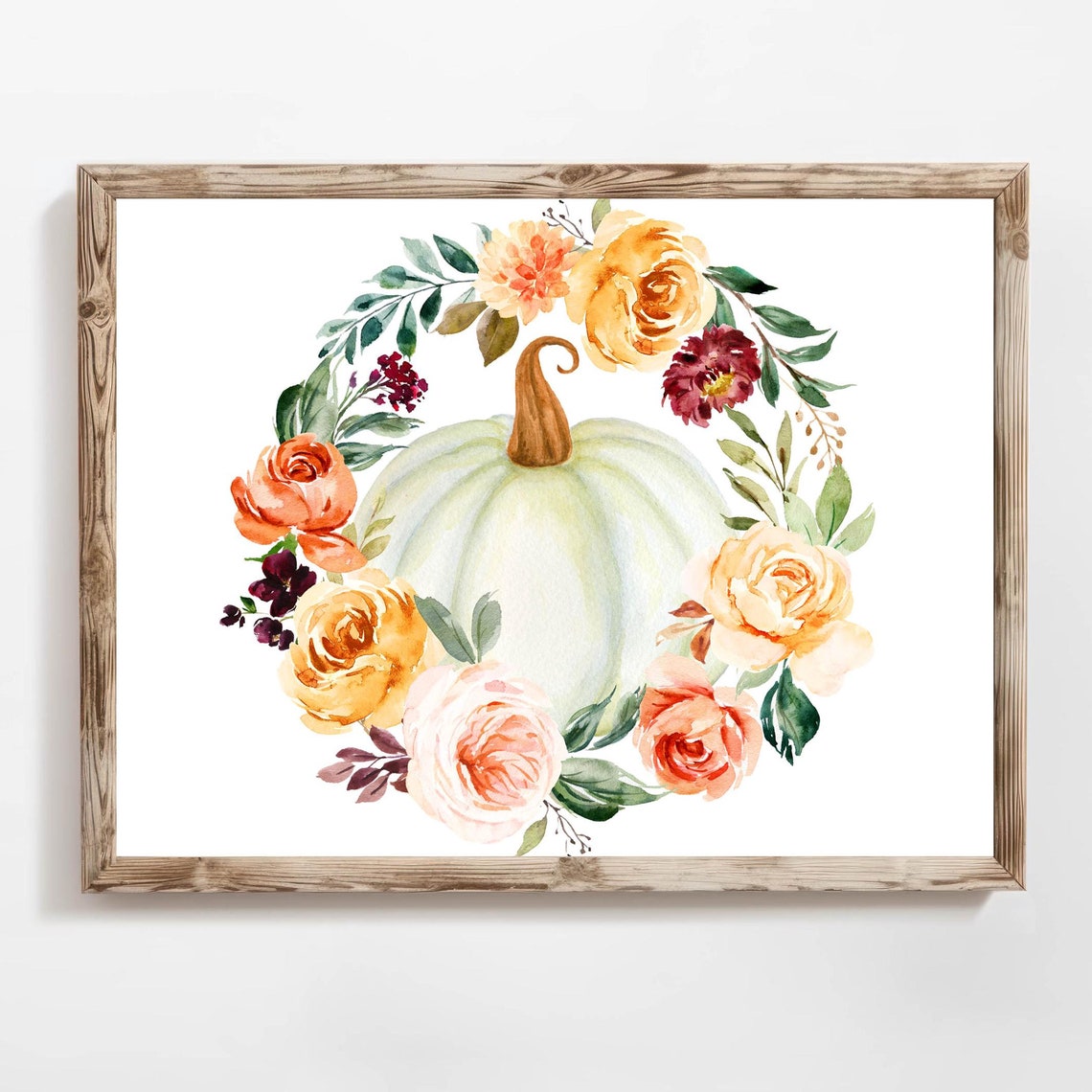 White Pumpkin Autumn Floral Wreath Watercolor Fall Art Print