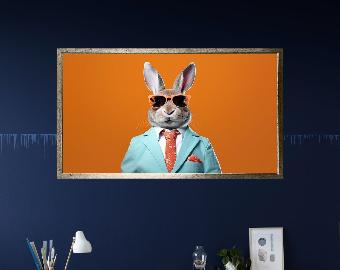 Funny Rabbit In Sunglasses Teal Suit Orange Background Business Bunny Art Poster