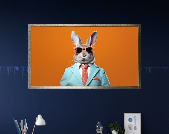 Funny Rabbit In Sunglasses Teal Suit Orange Background Business Bunny Art Poster