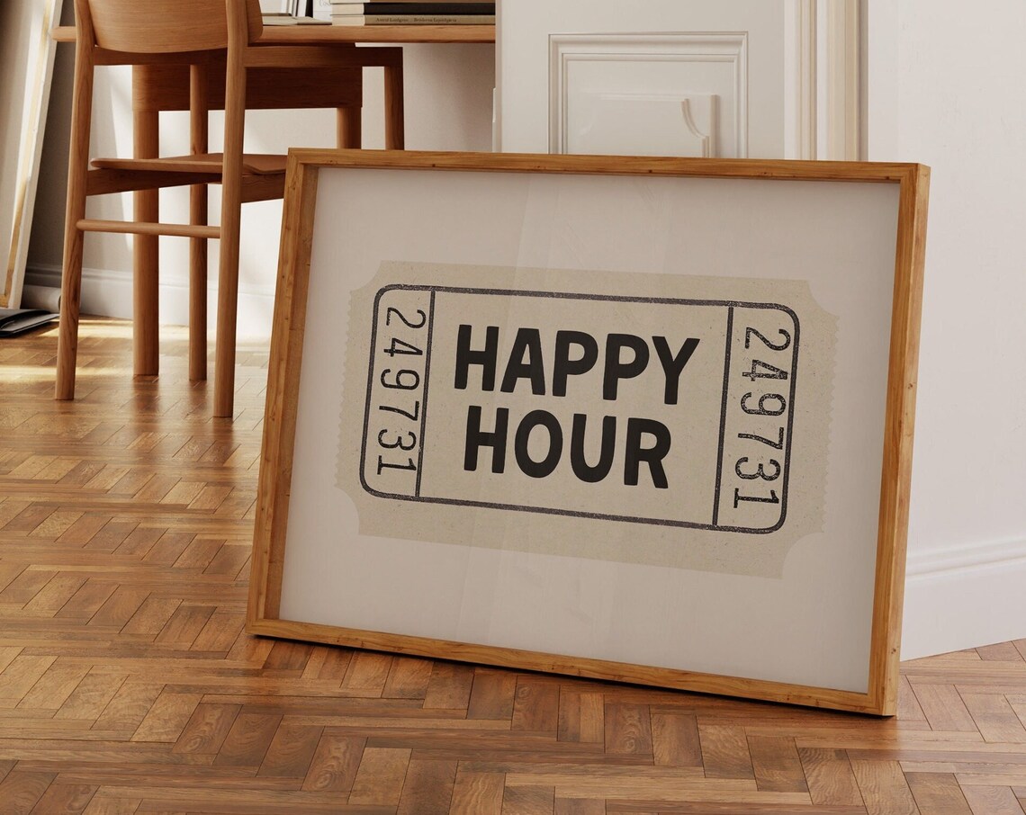 Happy Hour Cream Ticket Stub Bar Cart Retro Cocktail Wall Poster - Image 3