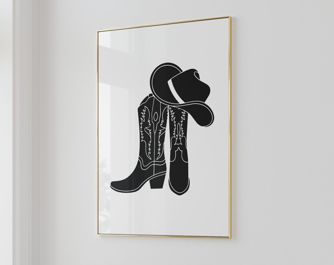 Black Cowboy Boots and Hat Silhouette on White Trendy Poster