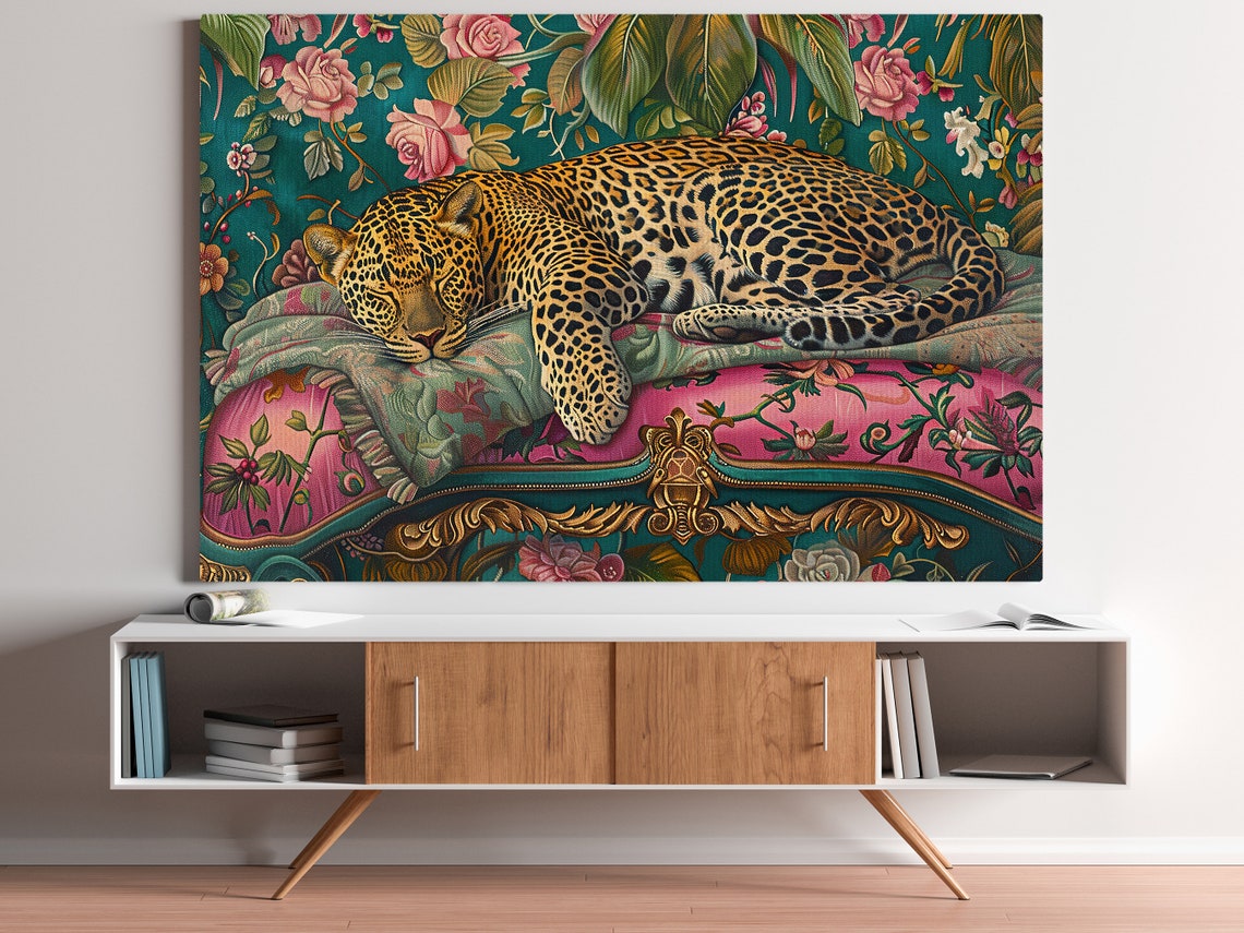 Sleeping Leopard On Floral Sofa Maximalist Botanical Wall Art Print - Image 4