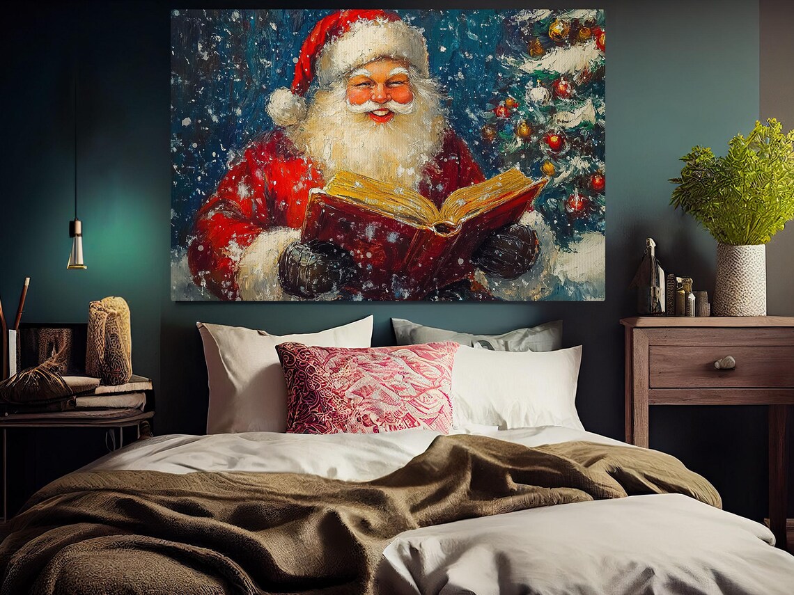 Laughing Santa Claus Holding Open Book Snowy Christmas Tree Vintage Art Poster - Image 4