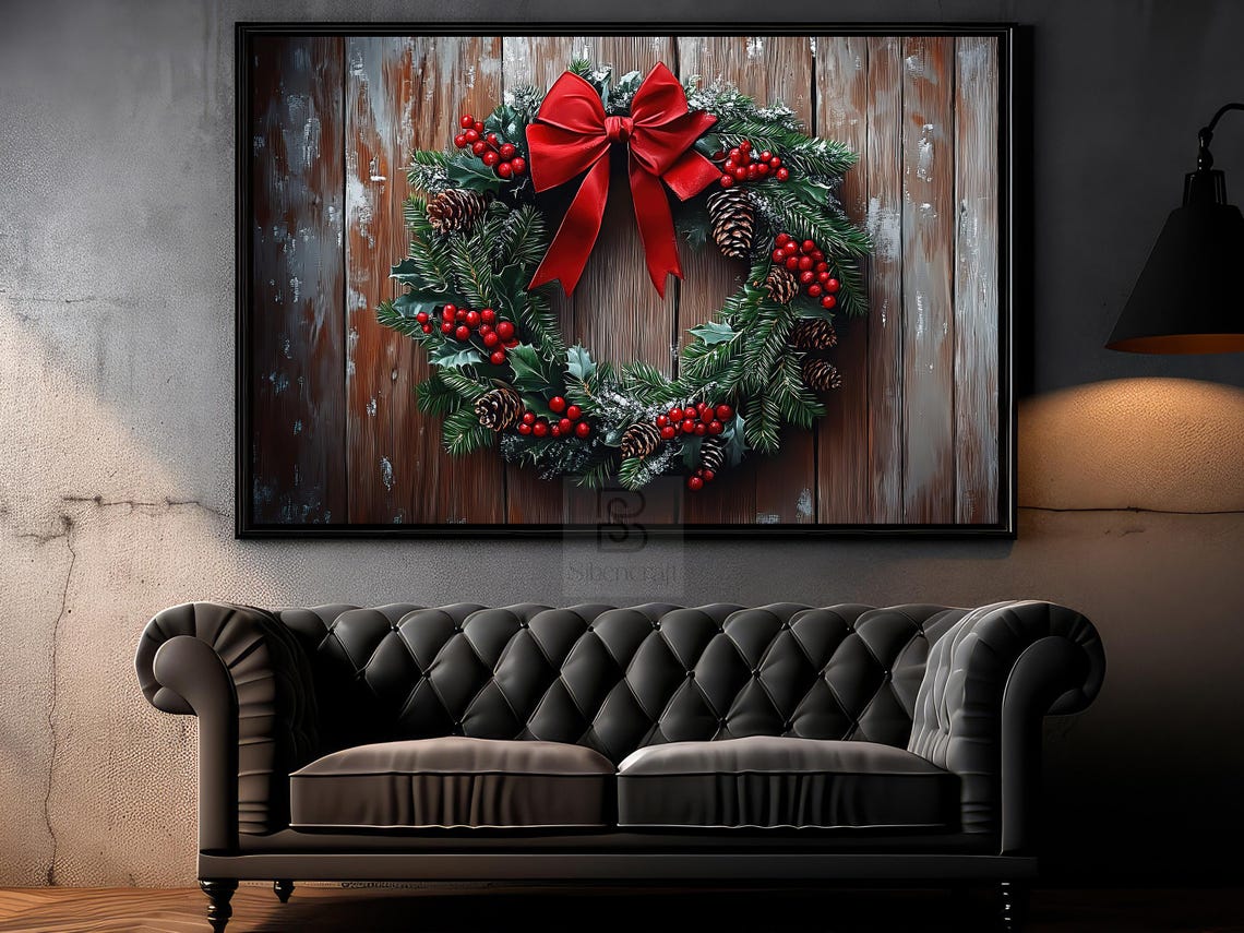 Christmas Wreath With Big Red Bow On Rustic Wooden Door Winter Poster - Image 6