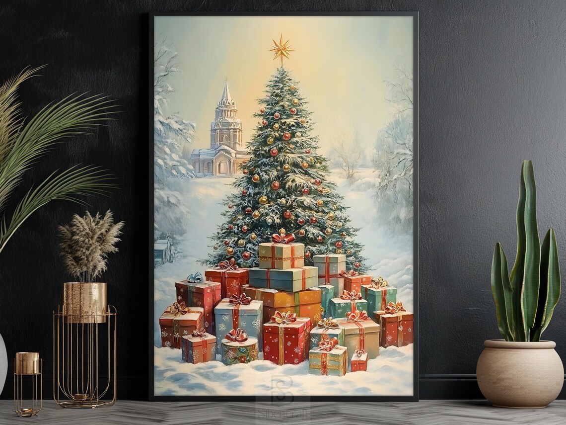 Village Christmas Tree With Church Gifts And Snowy Golden Star Poster