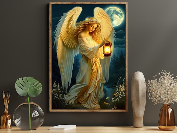 Golden Angel Holding Lantern Under Full Moon Night Guardian Poster