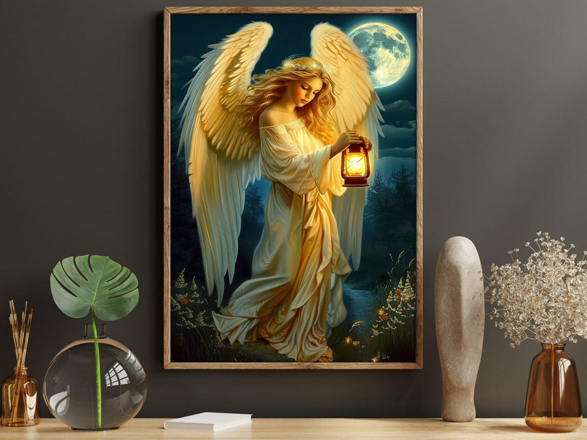 Golden Angel Holding Lantern Under Full Moon Night Guardian Poster