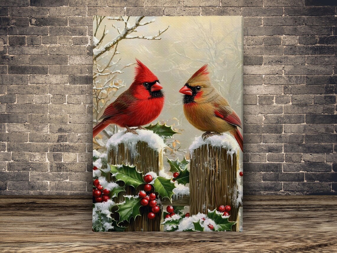 Male Female Cardinals On Snowy Fence With Holly And Red Berries Poster - Image 2