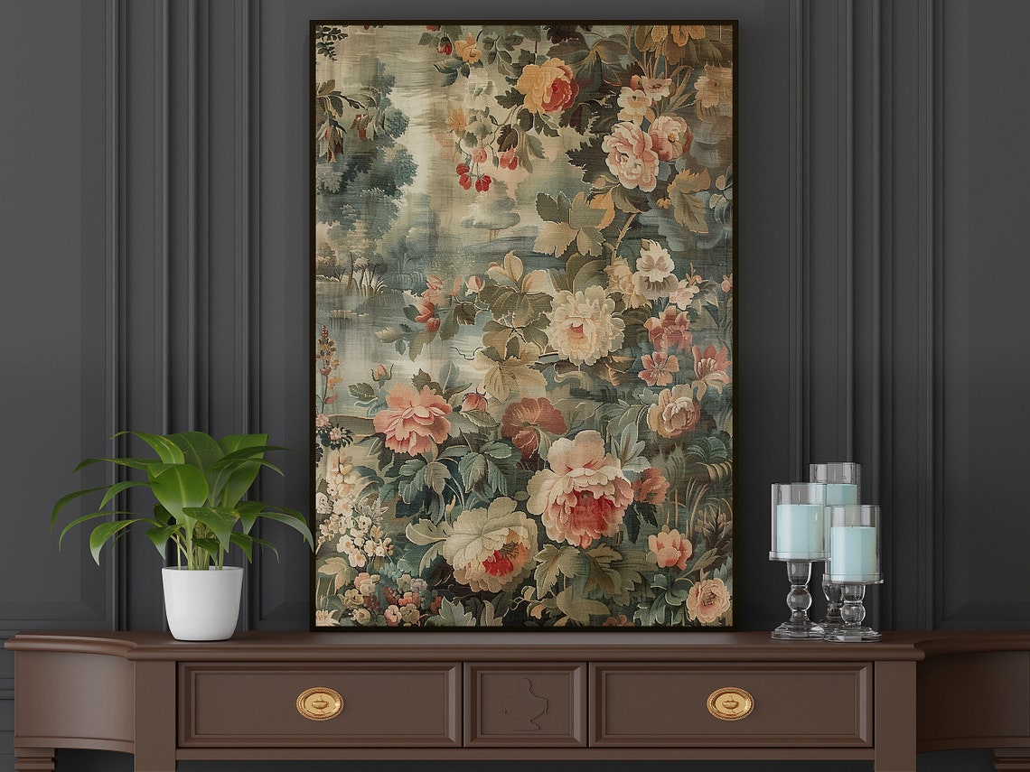 Vintage Floral Tapestry Peonies Roses Muted Sage Garden Wall Art Print - Image 5