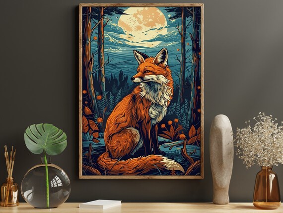 Red Fox Sitting In Moonlit Forest Full Moon Stylized Illustration Wall Poster