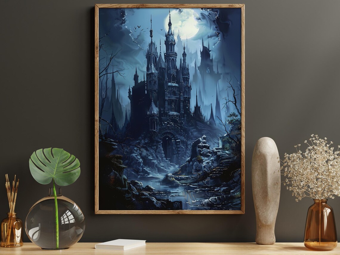 Dark Gothic Castle Under Full Moon with Bats in Misty Blue Night Poster - Image 5