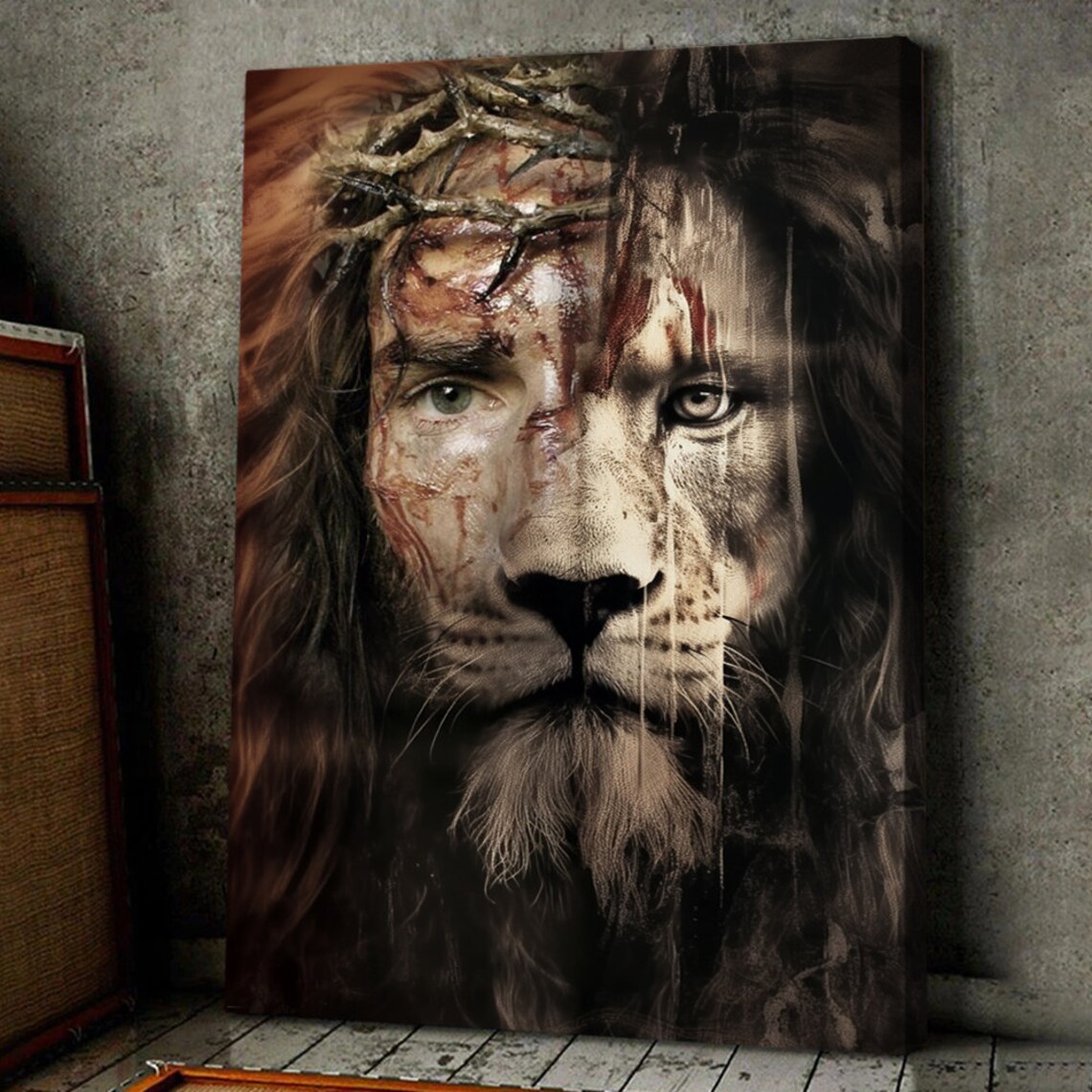 Jesus Lion Of Judah Crown Of Thorns Merged Face Christian Wall Art Poster - Image 4