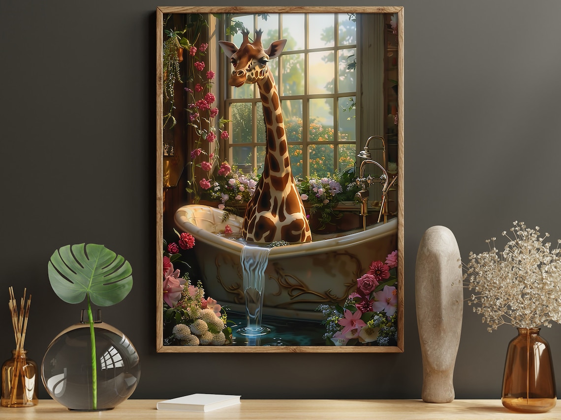 Matisse-Inspired Giraffe Bathroom Cottage Art Print
