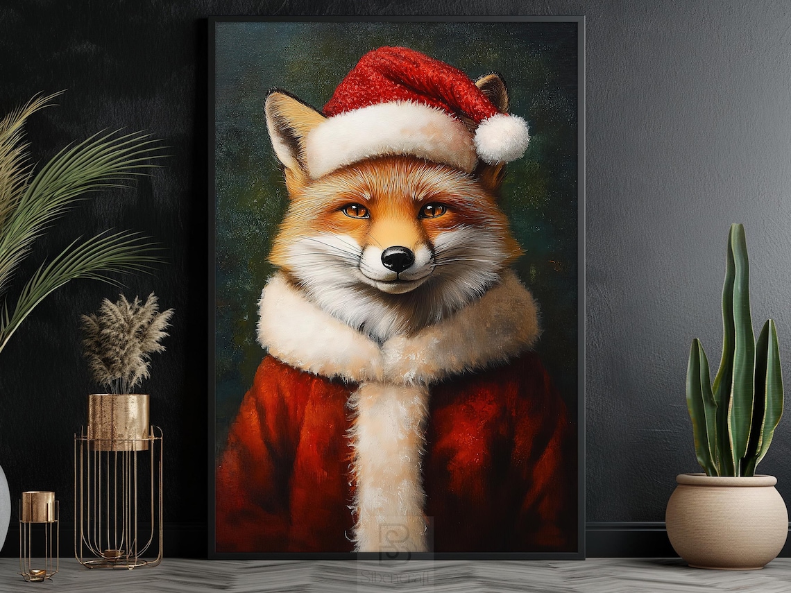 Christmas Fox in Santa Hat, Holiday Animal Poster Print