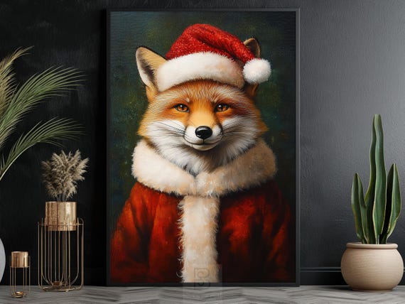 Christmas Fox in Santa Hat, Holiday Animal Poster Print
