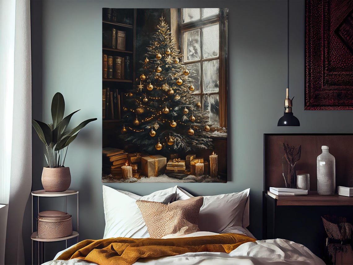 Cozy Christmas Tree With Gold Ornaments By Window With Books Poster - Image 3