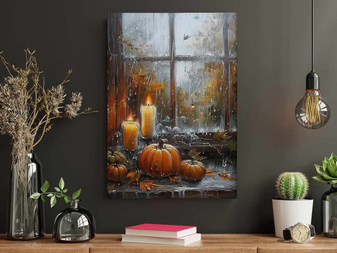 Cozy Pumpkins and Lit Candles on Rainy Autumn Window Sill Art Poster - Image 3