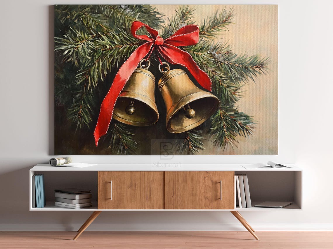Brass Jingle Bells With Red Ribbon Bow Hanging In Snowy Pine Poster - Image 3