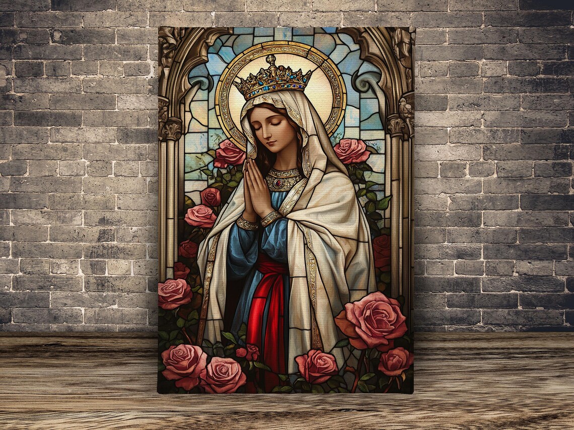 Stained Glass Virgin Mary Crowned Roses Praying Christian Religious Art Poster - Image 2
