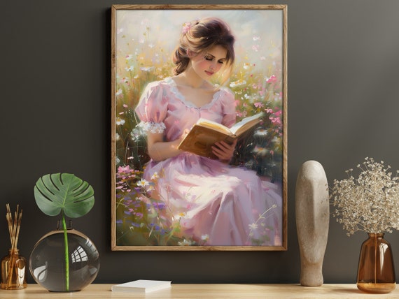 Vintage Girl Reading in Flower Garden, Art Print