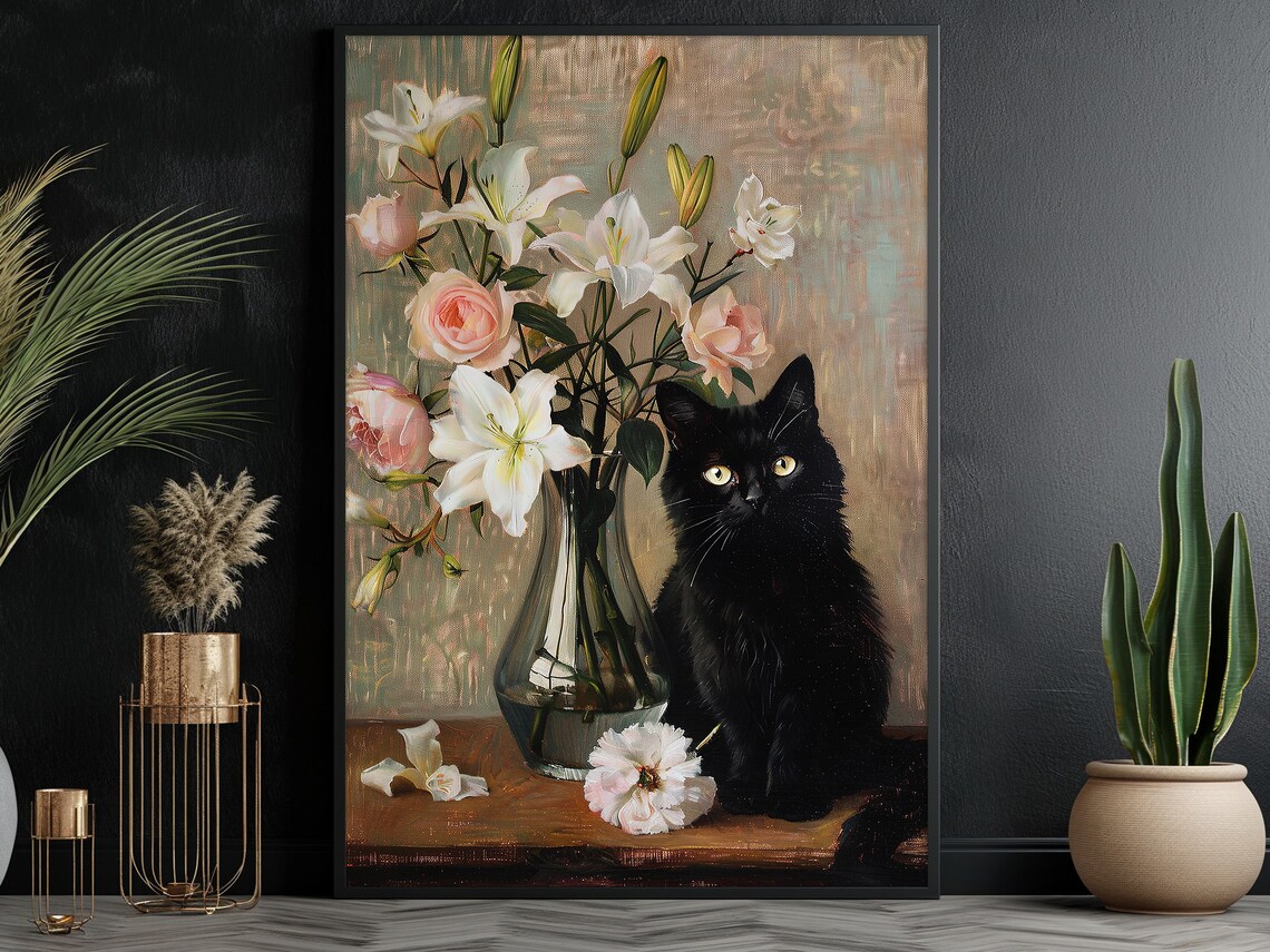 Vintage Black Cat and Flowers Vase Cottage Art Print - Image 3