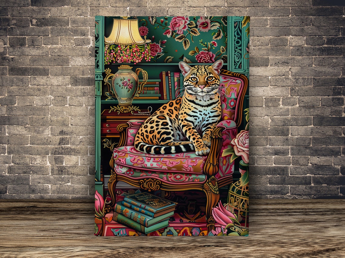 Spotted Wild Cat On Ornate Armchair Maximalist Library Art Print - Image 2