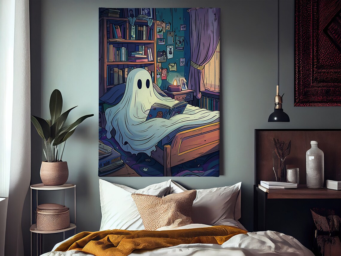 Cute Ghost Reading Book Cozy Bedroom Night Cartoon Halloween Art Poster - Image 2