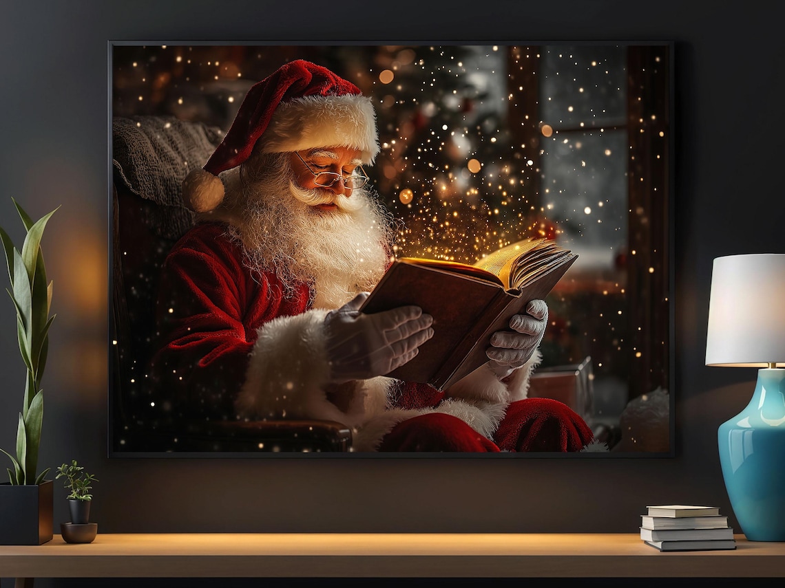 Vintage Santa Reading Book Art Print, Christian Decor