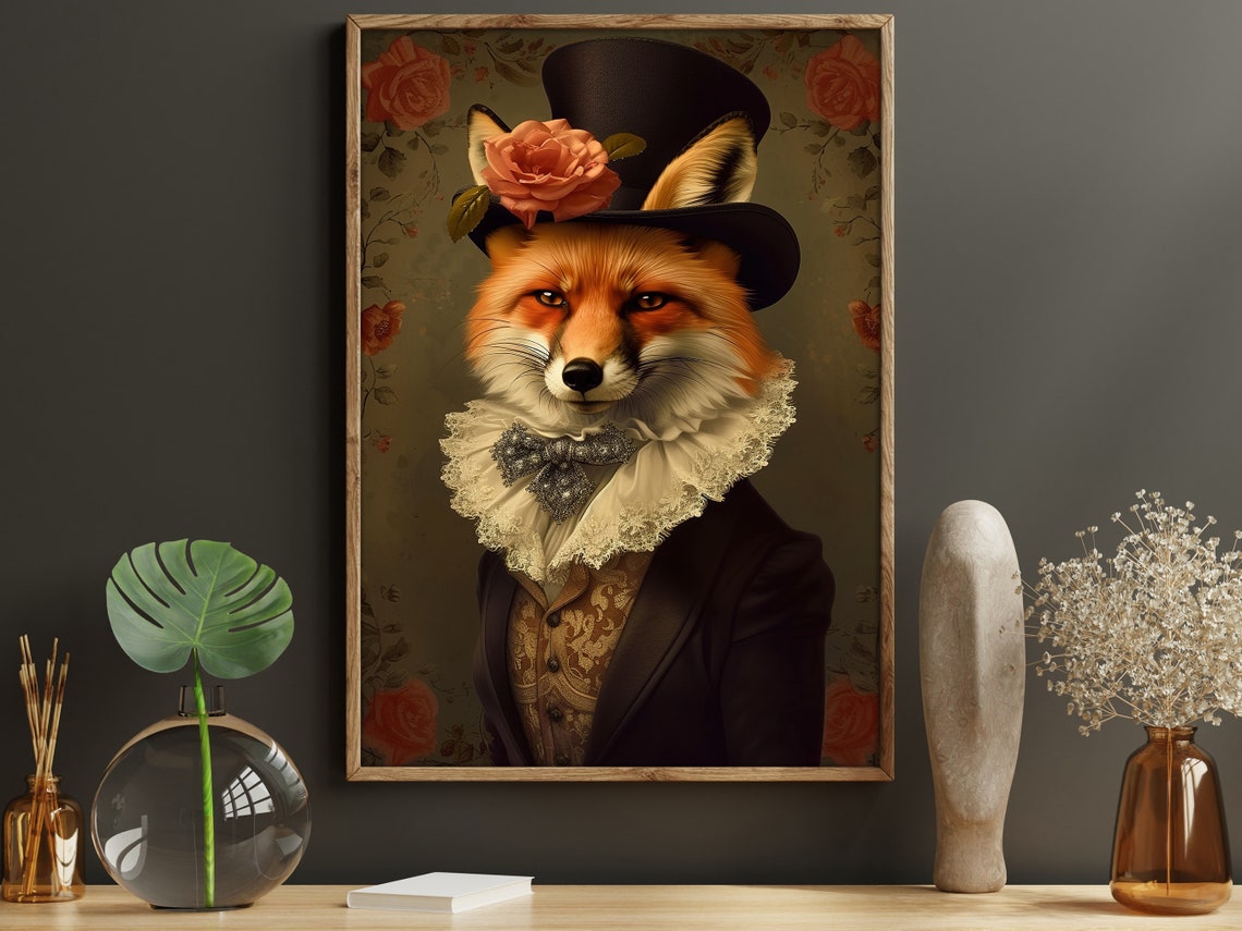 Gentleman Fox Portrait In Top Hat With Rose Vintage Animal Art Poster