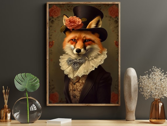 Gentleman Fox Portrait In Top Hat With Rose Vintage Animal Art Poster