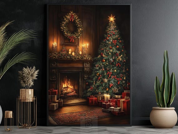 Cozy Christmas Fireplace and Tree Poster, Holiday Decor
