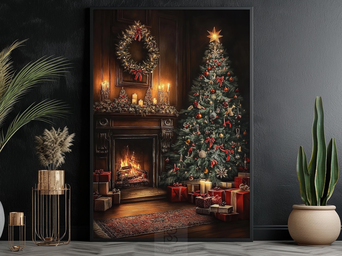 Cozy Christmas Fireplace and Tree Poster, Holiday Decor